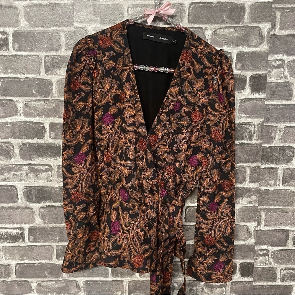 PROENZA SCHOULER Long Sleeve Floral Print Wrap Top orange black blouse shirt